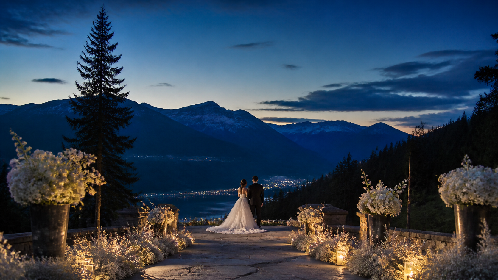 Wedding couple overlooking a mountain valley at twilight